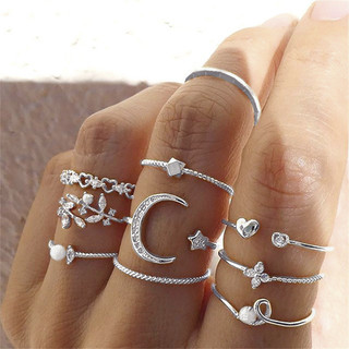 Conjunto de anel estilo 10 peças conjunto lua estrela folha coração strass conjunto anel conjunto atacado