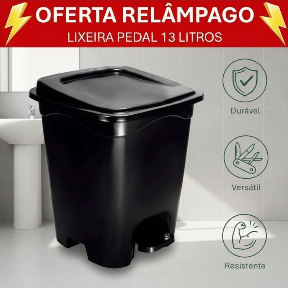 Lixeira Quadrada 13L com Pedal e Tampa | Moderna Resistente para Cozinha Banheiro Escritório
