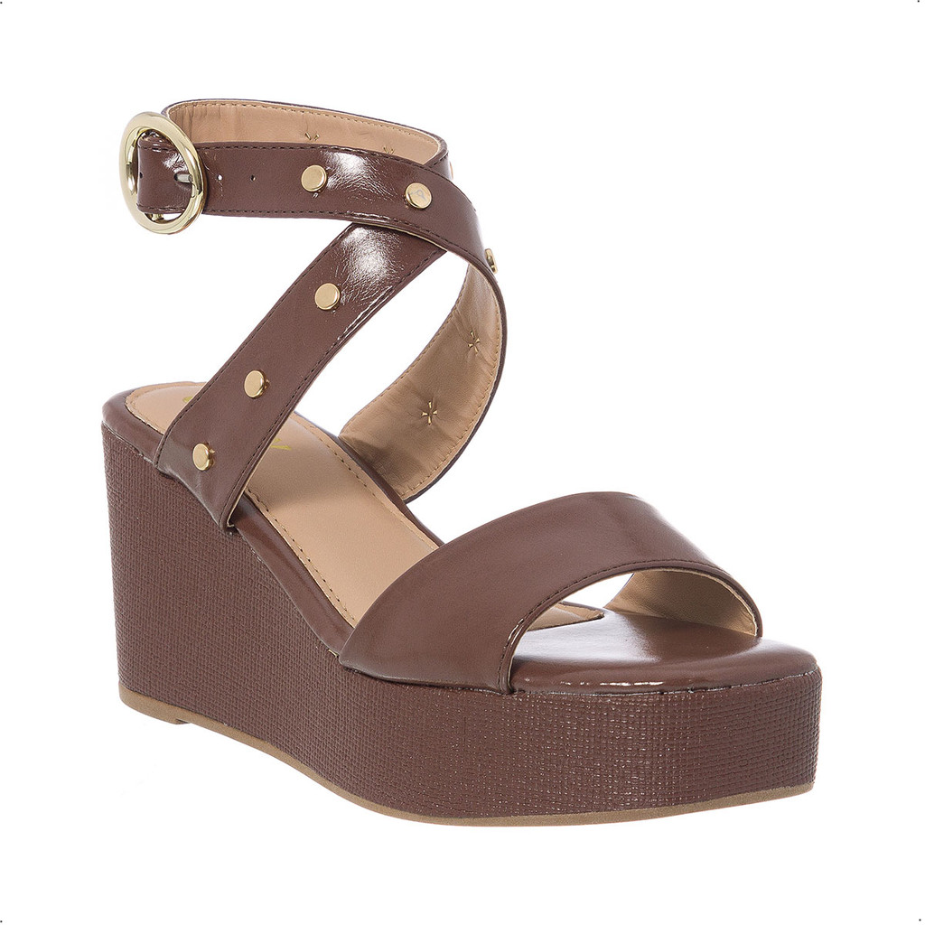 Sandália Feminina Anabela Plataforma Salto Alto Tachas Boho Tramado Casual Confortável Luxo