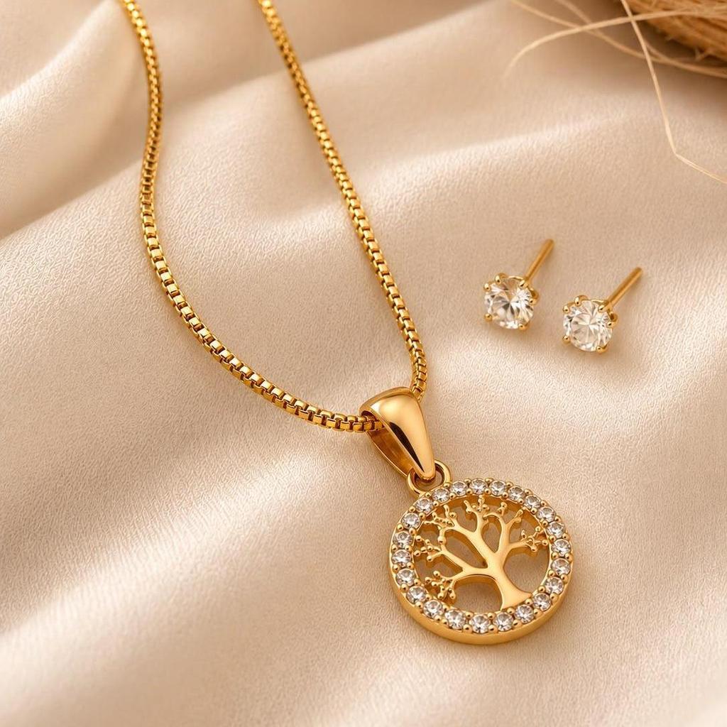 Conjunto Colar Árvore da Vida e Brinco Ponto de Luz Feminino Elegante Antiálergico Semijoia