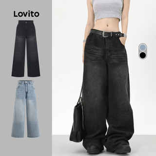 Lovito Casual Jeans simples com lavagem crua para mulheres 102AD449