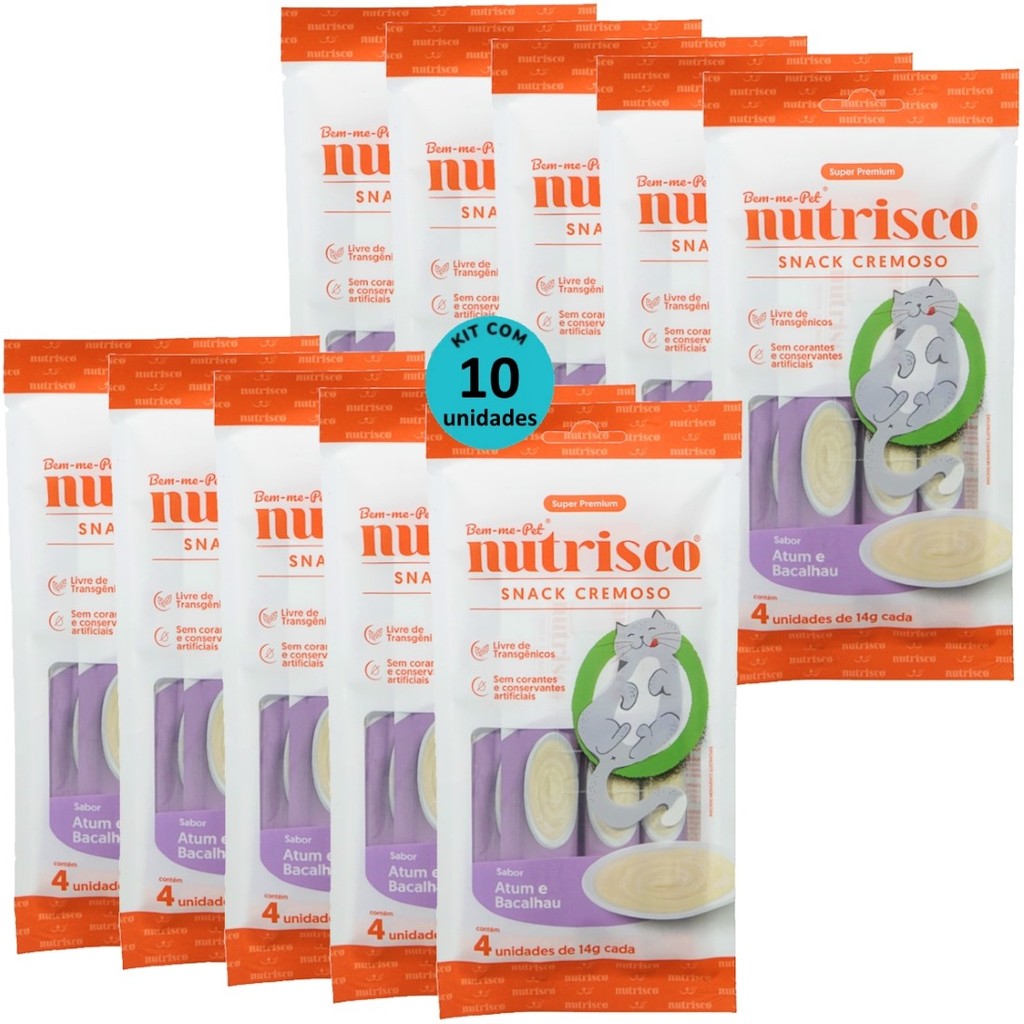 SNACK CREMOSO NUTRISCO GATOS 14G ATUM E BACALHAU COM 4 UN - KIT COM 10