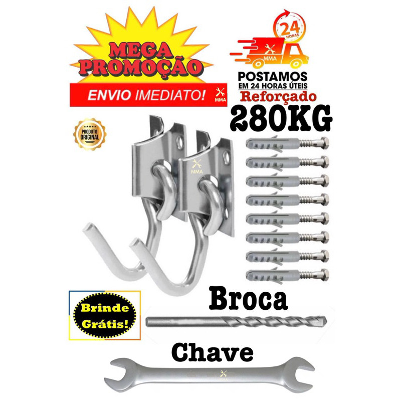 Gancho De Rede De Balanço Descanso Reforçado Aço Cromado C/ Chave Broca Parafuso Bucha