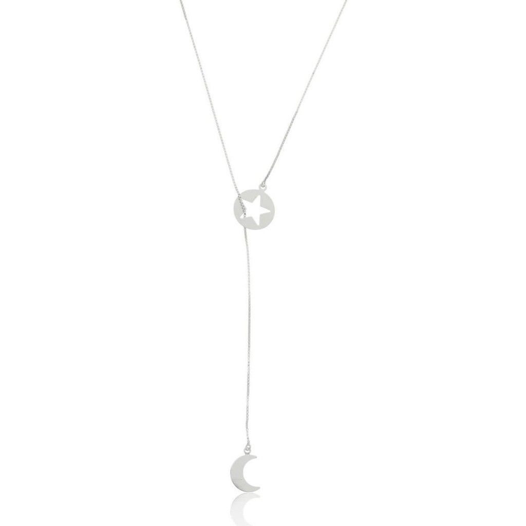 Colar Prata 50cm Gravata Estrela Lua Prata 925