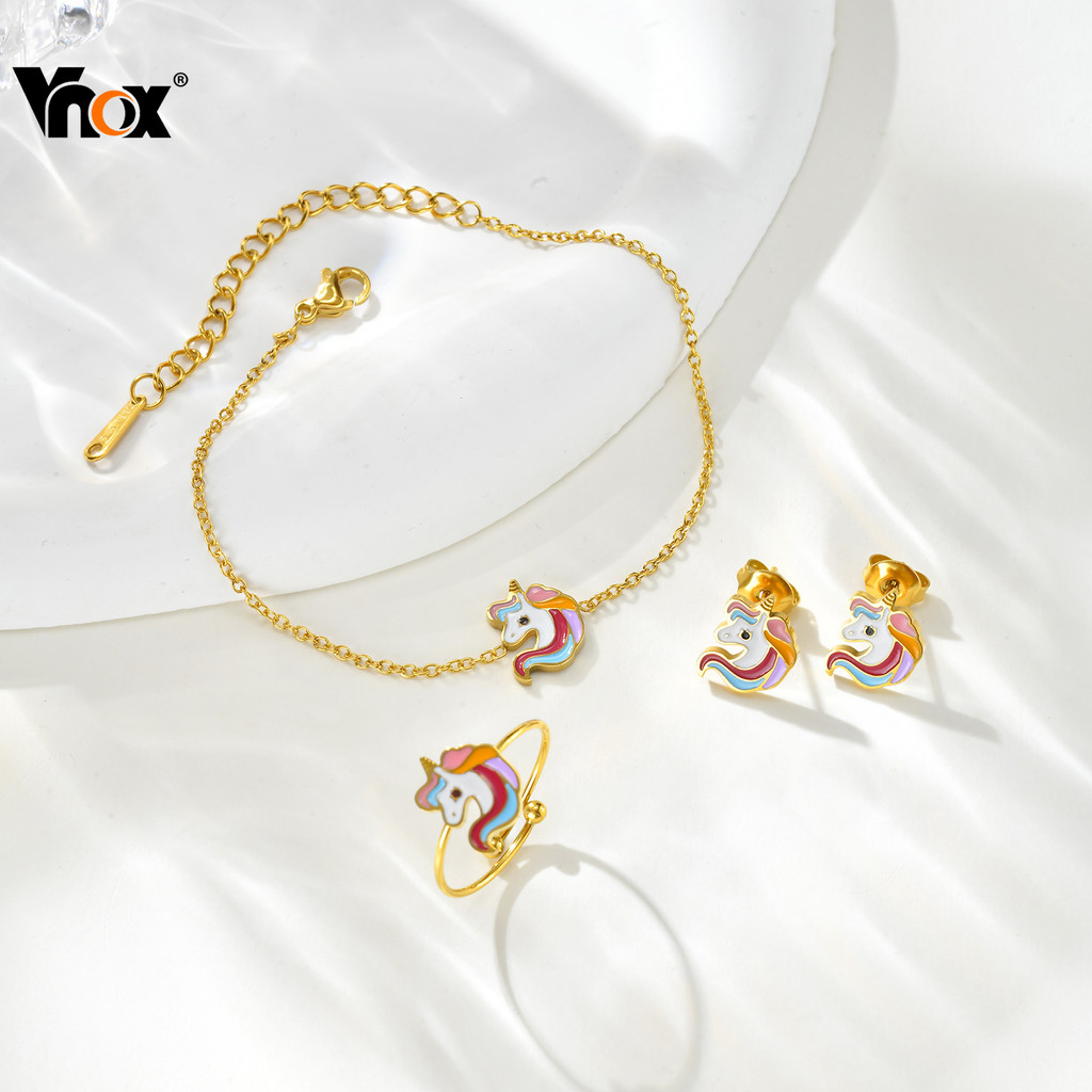 Conjunto De Anel De Pulseira De Brincos Fofos De Acessórios De Animais Coloridos Vnox , Joias Fofas Hipoalergênicas Dour