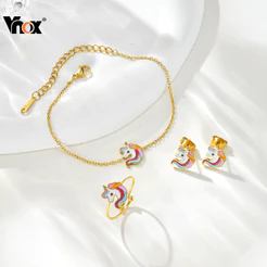Conjunto De Anel De Pulseira De Brincos Fofos De Acessórios De Animais Coloridos Vnox , Joias Fofas Hipoalergênicas Dour