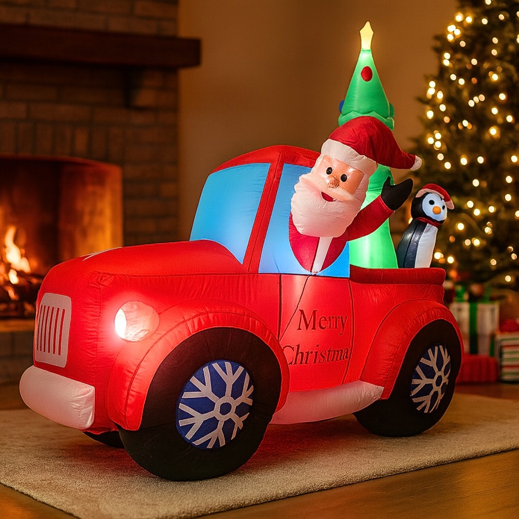 Decoração Natal Inflável Gigante Papai Noel Carro + Pinguim + Árvore 2,4m