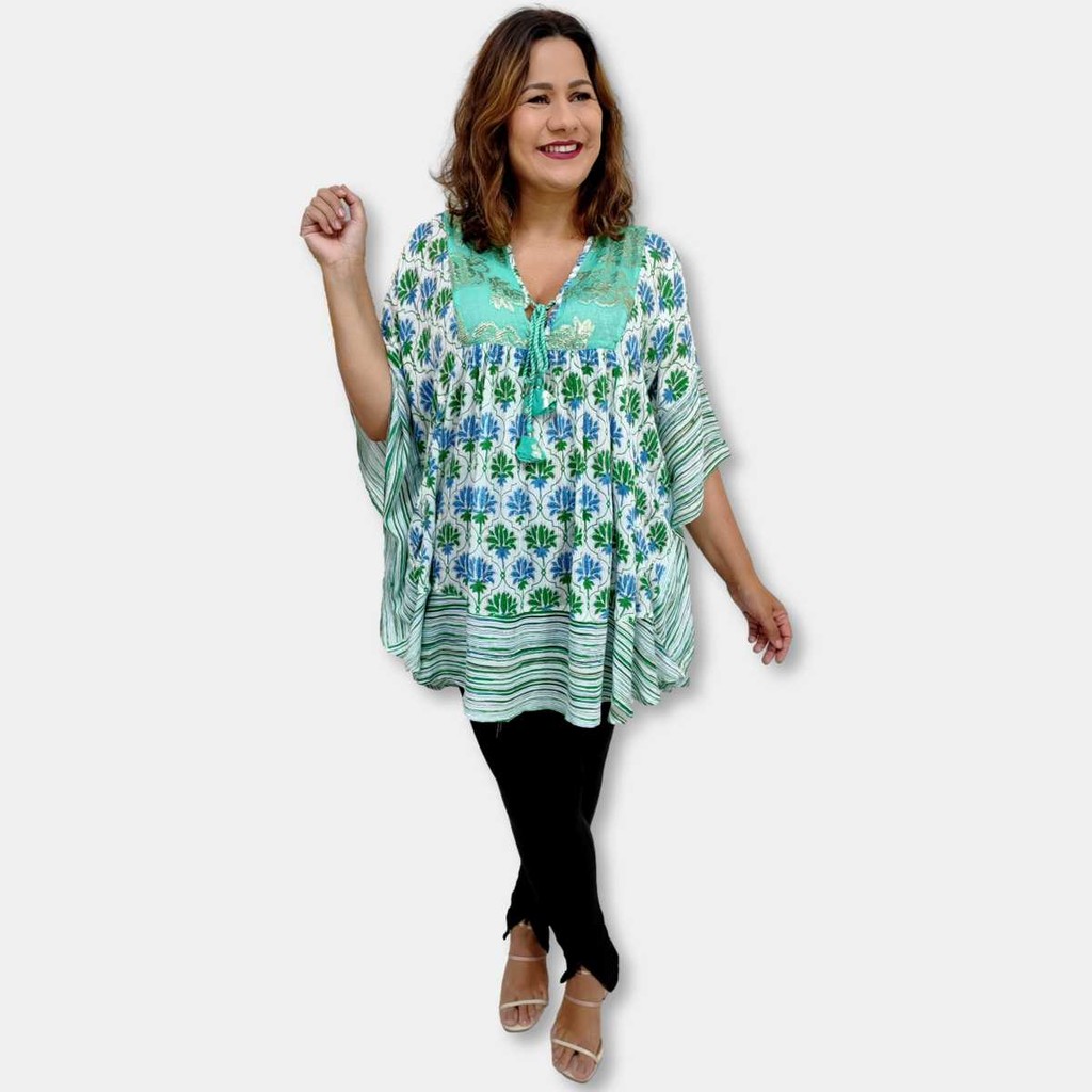 Kaftan Curta Indiana Crepe Com Lurex Boho Chic Plus Size