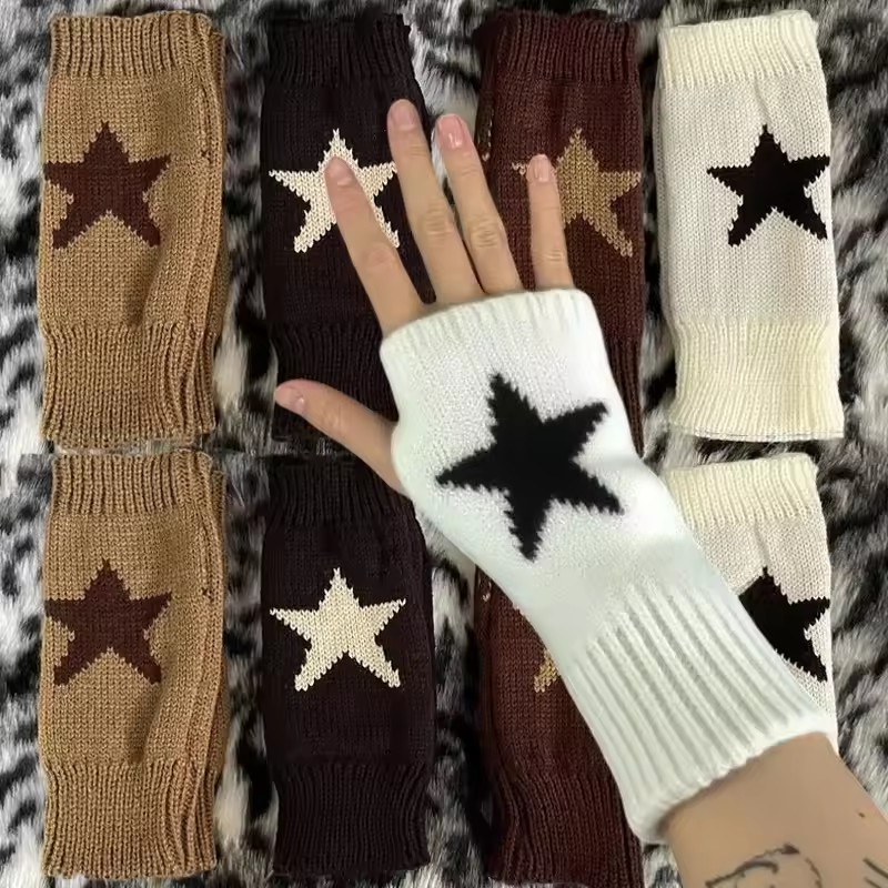 Outono Inverno Estrela De Cinco Pontas De Malha Quente Meio Dedo Luvas Mulheres Homens Harajuku Y2K Moda Casual Lã Sem D em Oferta na Shopee