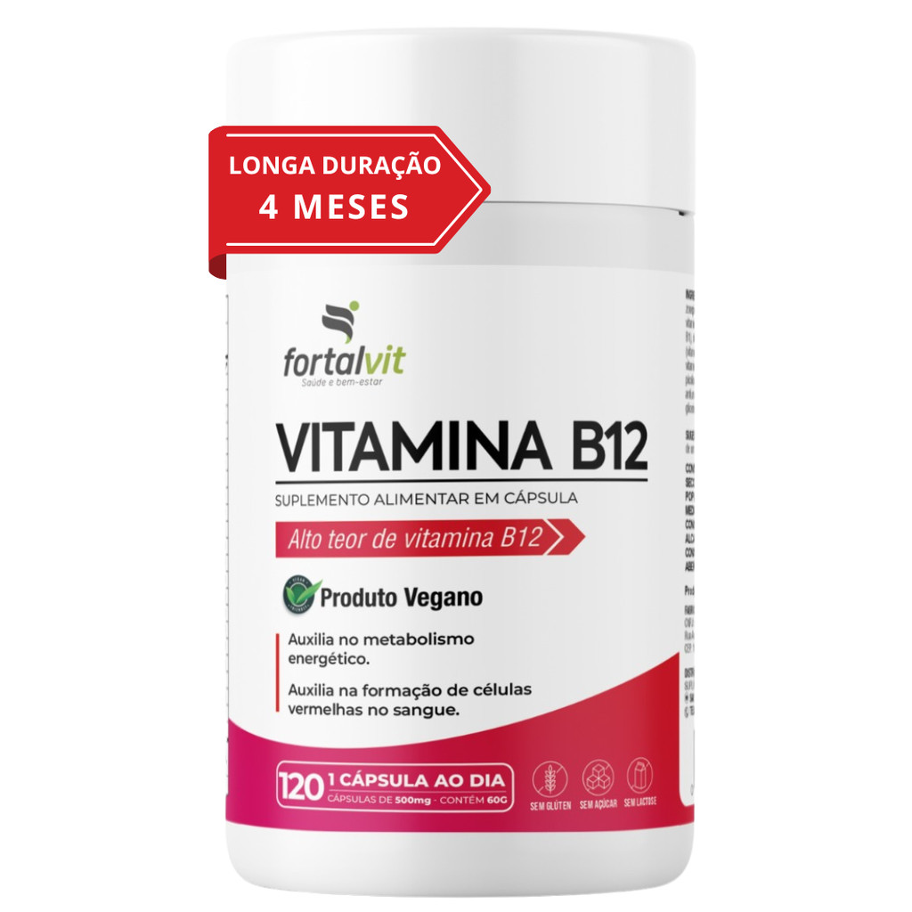 Vitamina B12 Ativa Longa Duração: 4 Meses, Metilcobalamina, Cápsulas Vegana, 120 Cápsulas,Fortalvit