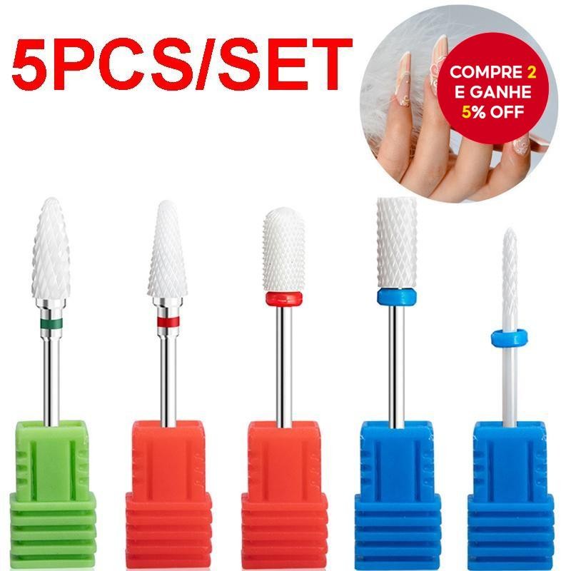 Kit com 5 Pontas de Broca de Cerâmica para Unhas, ideal para remover cutículas e trabalhar com gel e acrílico.