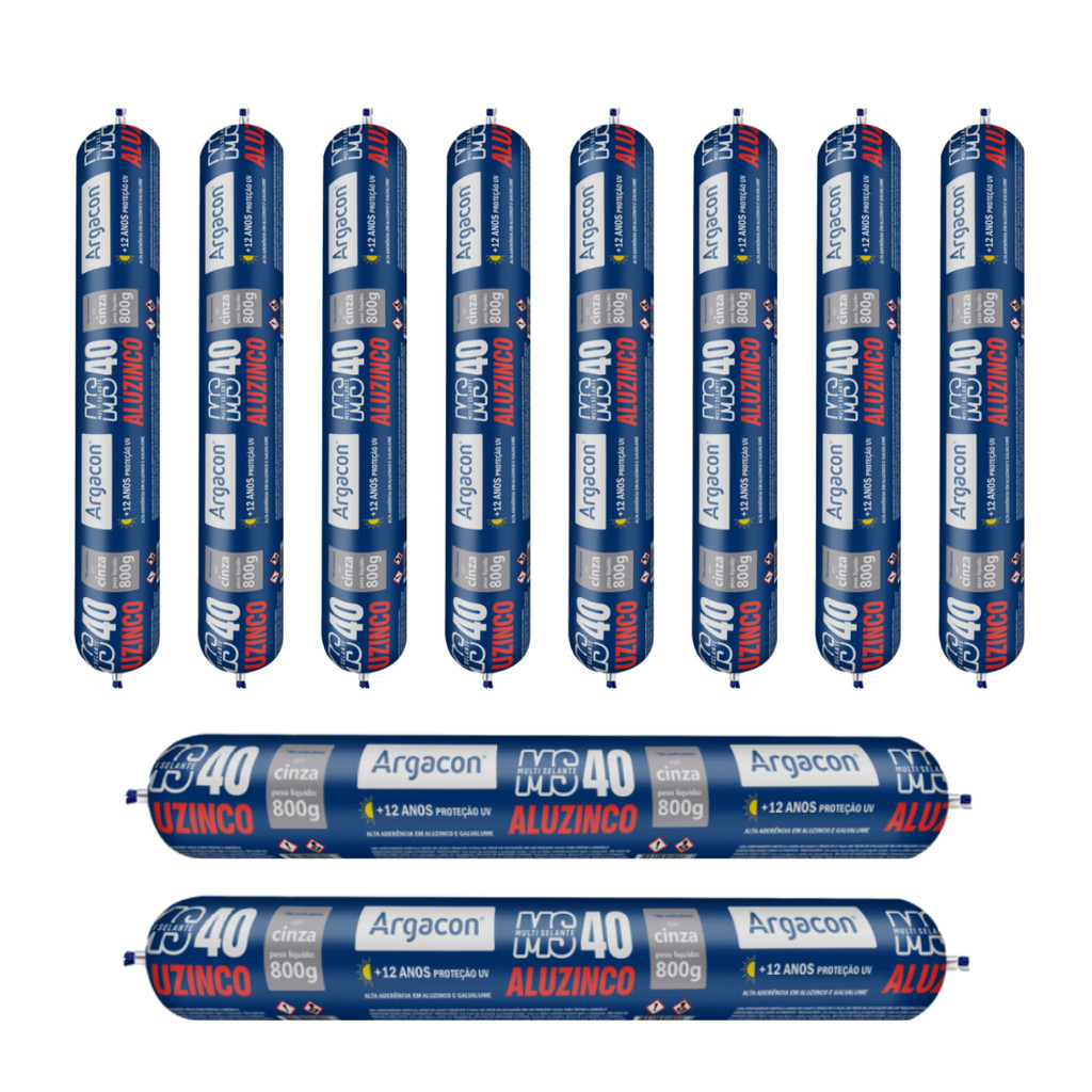Kit 10 Selantes Aluzinco Argacon MS40 Cinza 800g PU Alta Aderência Galvalume
