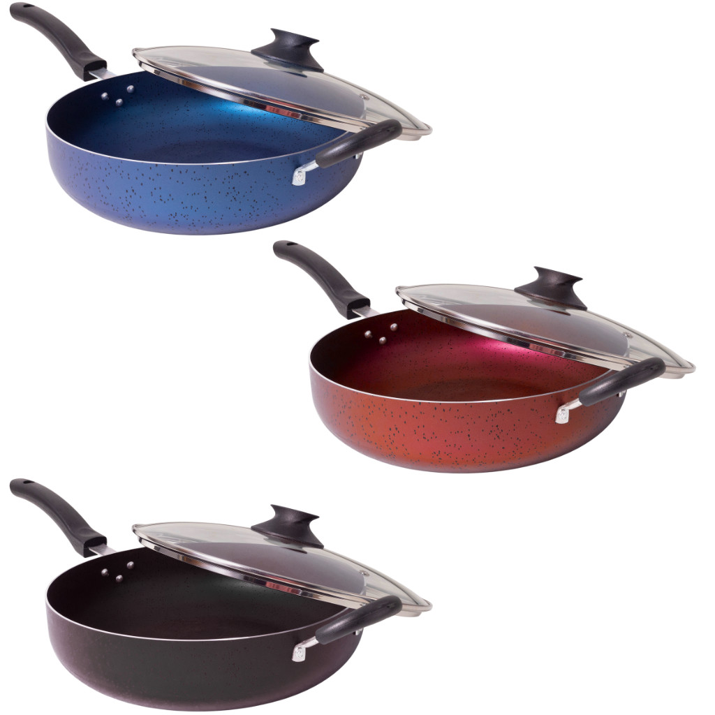 Imagem Frigideira Wok Antiaderente 28 cm Tampa de Vidro Profissional Grande Funda Teflon 3,5 Litros Cinthya Alumínio