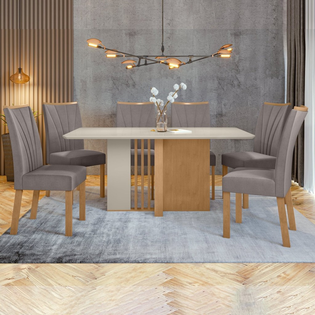 Conjunto Sala de Jantar 6 Lugares Retangular Tampo Vidro/MDF Mesa Astrid com Cadeiras Apogeu Amêndoa Clean/Off em Oferta na Shopee