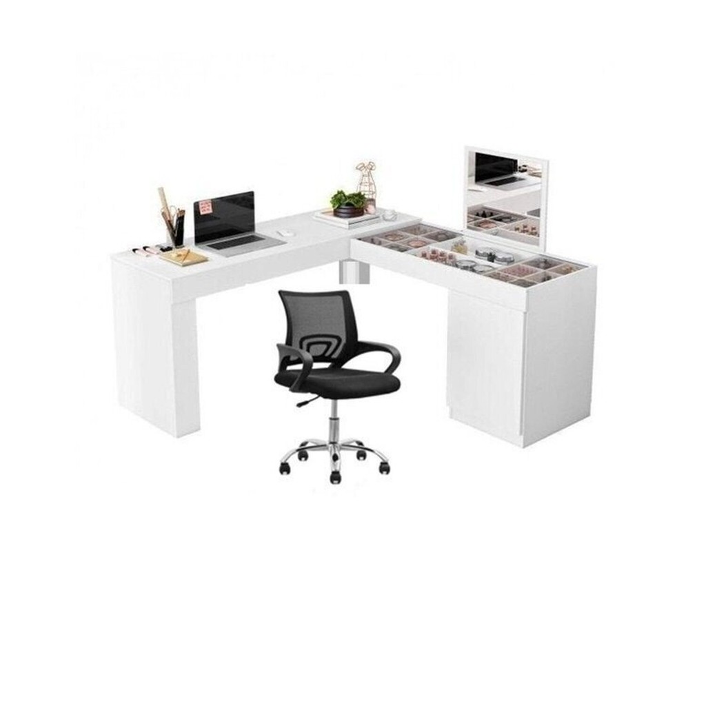 Conjunto 2 Peças com Escrivaninha Penteadeira Star e Cadeira de Escritório Diretor Tok Branco Branco