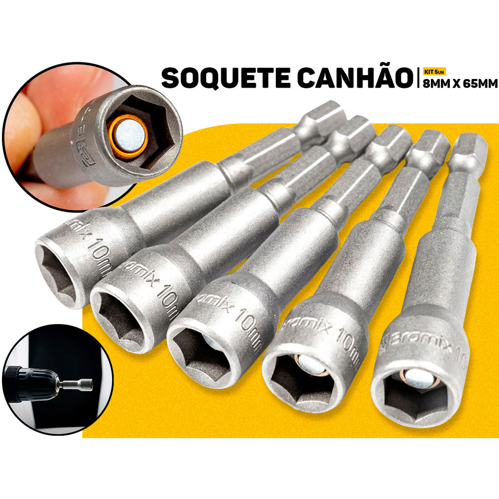 Jogo 5 Peças Soquete Canhão Magnético Bramix 10mm x 65mm Parafusar C/ Precisão Construção em Oferta na Shopee