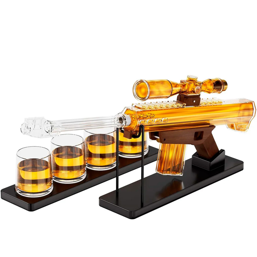Decanter de Whisky Decorativo Tipo Sniper Rifle Com 4 Copos Bala - Premium