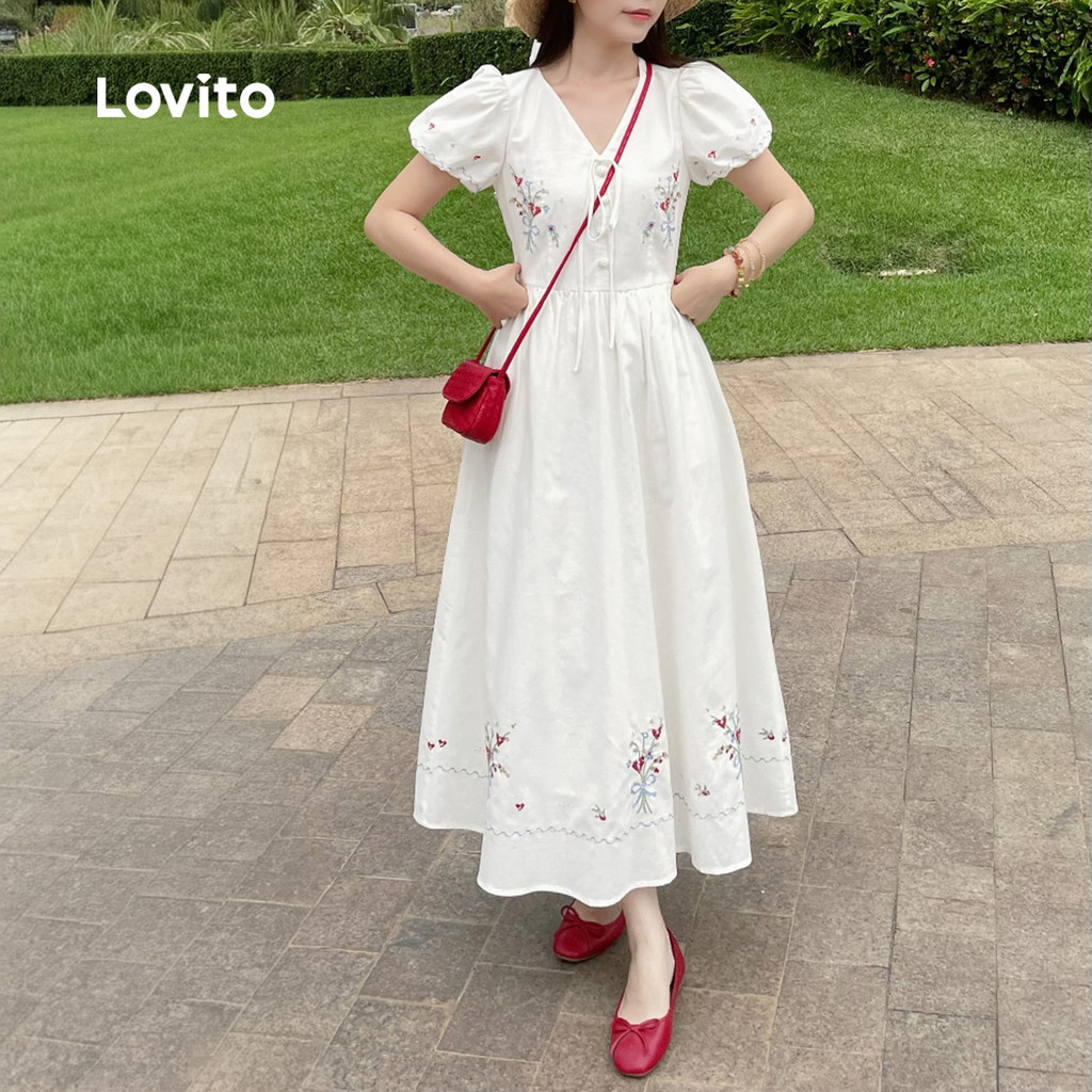 Detalhes do Lovito Vestido Casual Confortável Estiloso Estampa Floral Amarração Nas Costas Primavera/verão Para Mulheres L151AD036