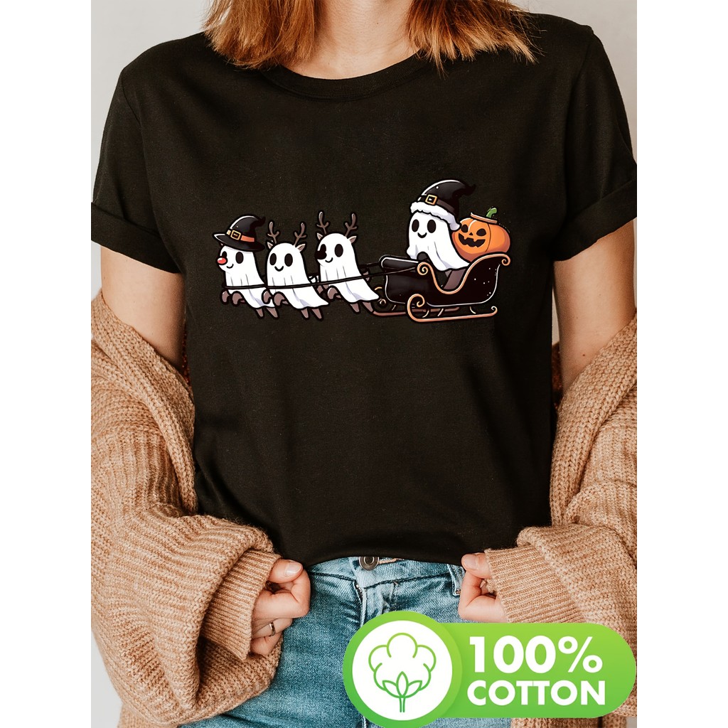 Camiseta Feminina Casual 100% Algodão Com Estampa De Time De Trenó Fantasma De Halloween