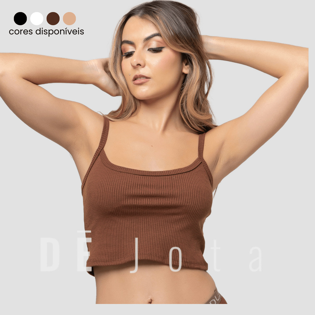 Cropped Canelado Alça Feminino Blusinha Curta Top Camiseta Básica Sem Bojo Alcinha