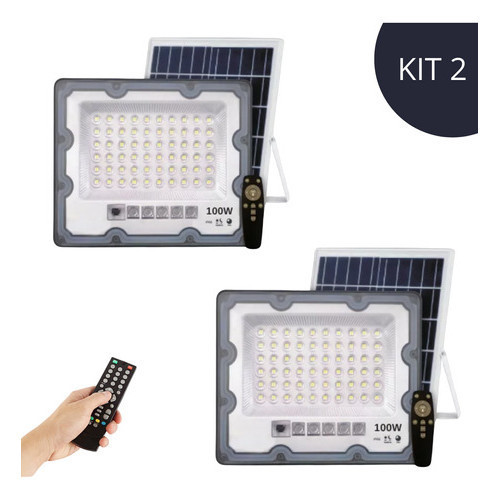 Kit 2 Refletor Solar Prova D'agua 100w Branco Frio 6500k Ry Resistente Decoração Iluminação Externa Evento Placa Solar