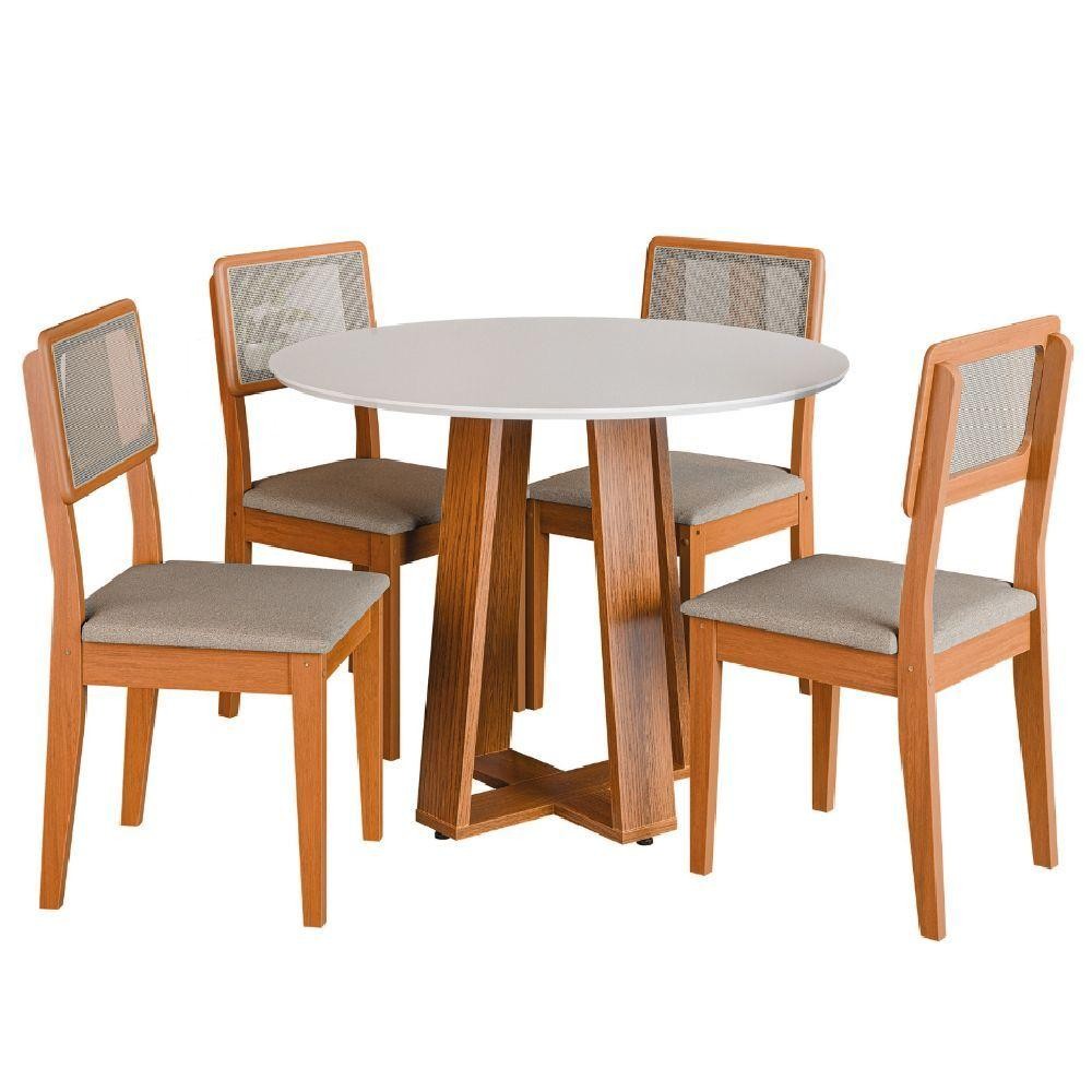 Conjunto Sala De Jantar Mesa Athenas Redonda 4 Cadeiras Santiago Dobuê Madeirado Off White