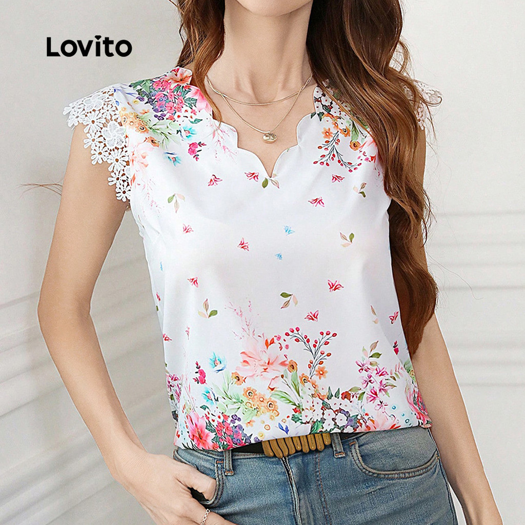 Detalhes do Lovito Blusa Feminina Boho Renda Costura Primavera Verão Branca LNE117039