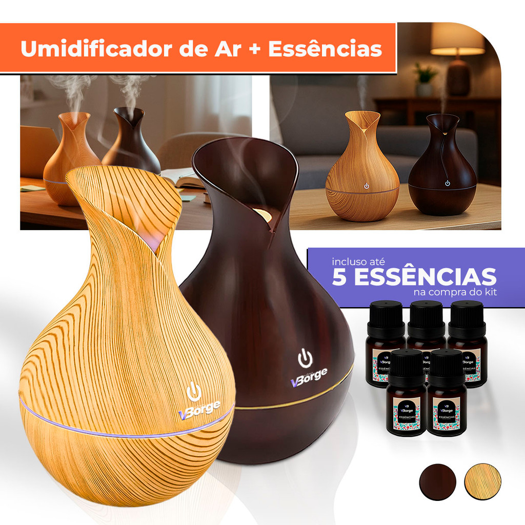 Umidificador De Ar + 5 Essências Hidrossolúvel | Difusor Modelo Vaso 200ml | Essências 10ml