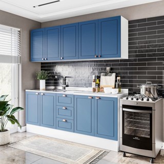 Cozinha Pérola com Rodapé 4 Peças Aéreos com 5 Portas, Balcão 2 Gavetas 3 Portas e Balcão 2 Portas Y Branco/Azul em Oferta na Shopee