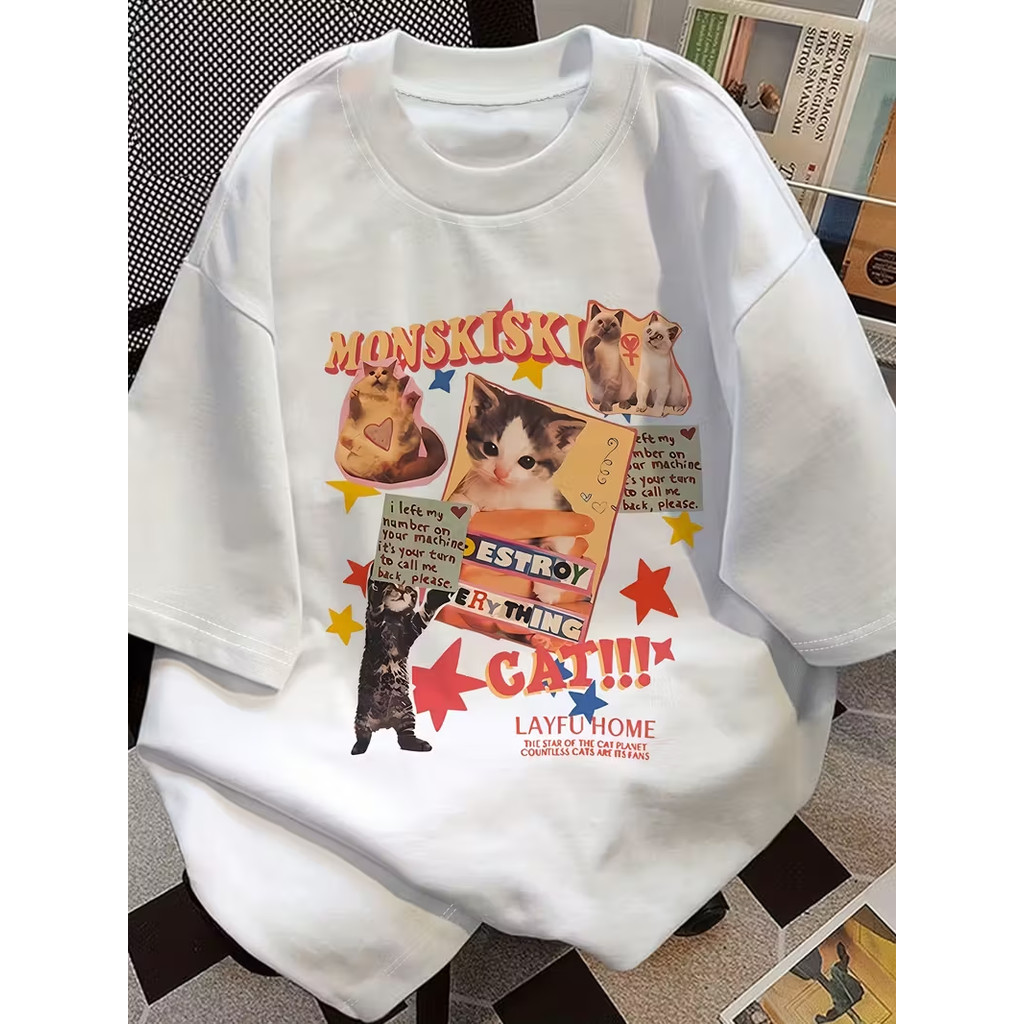 Camiseta Feminina Monskiskis Gato Retrô Y2K Casual Única 100% algodão em Oferta na Shopee