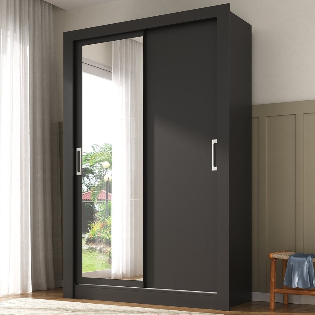 Guarda-roupa Solteiro 2 Portas com Espelho Ágata Yescasa Preto em Oferta na Shopee