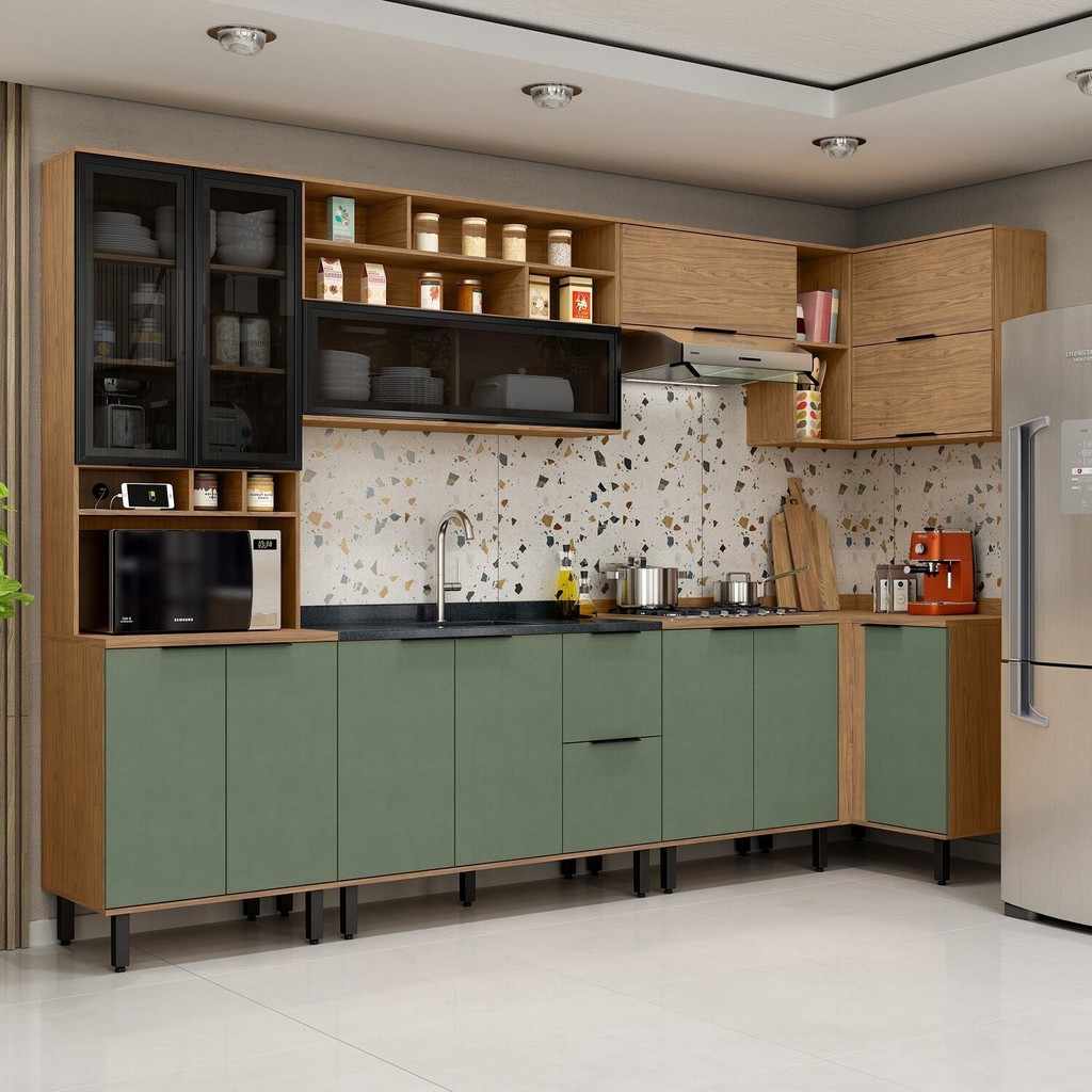 Cozinha Modulada Toscana 7 Peças Mdf com Paneleiro 1 Forno e Armários Canto Freijó/Jade em Oferta na Shopee