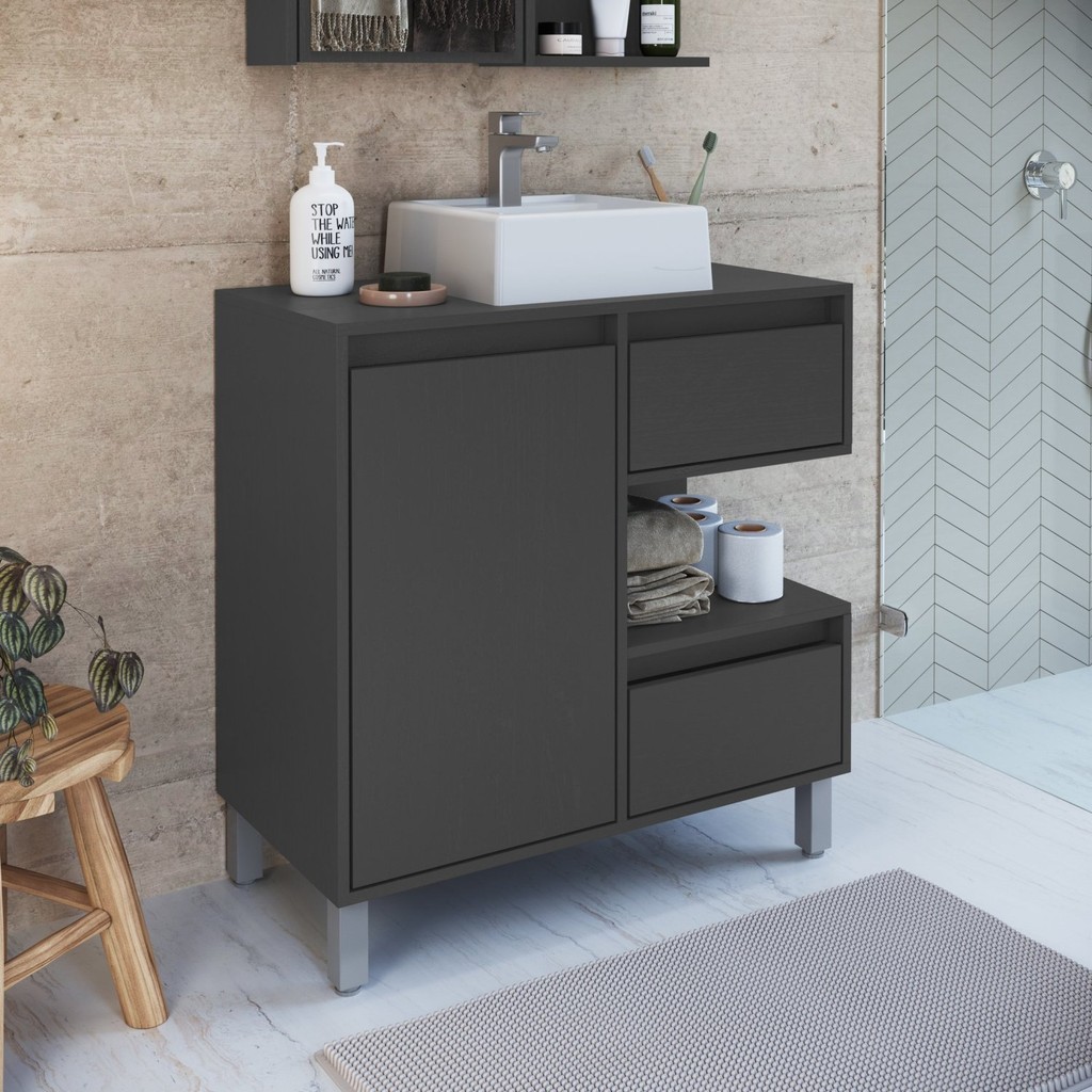 Gabinete para Banheiro com Cuba Branca 80cm 2 Gavetas 1 Porta 1 Nicho Paula Grafite em Oferta na Shopee