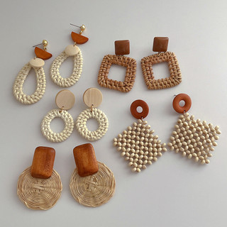 Brincos de rattan de madeira personalizados, estilo de férias na praia, brincos retrô, brincos versáteis