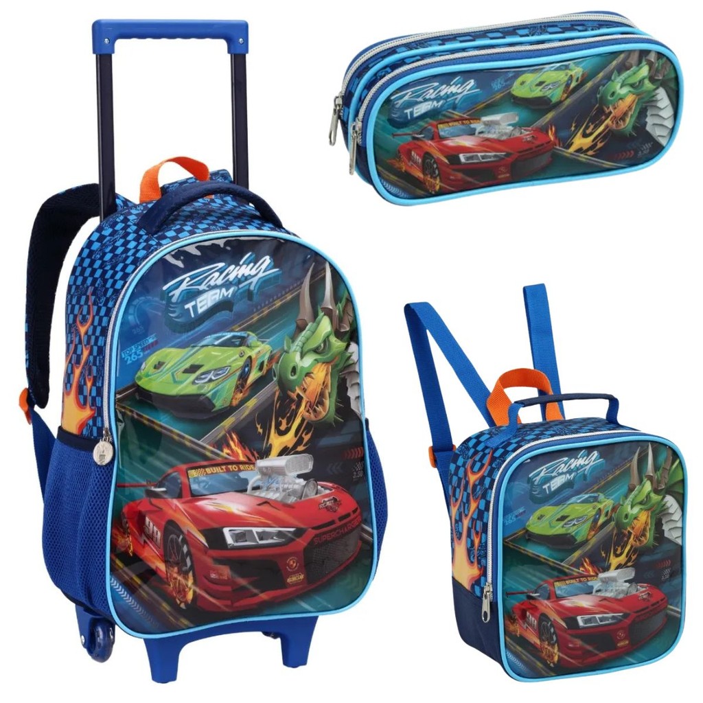 Kit Mochila Rodinha Infantil Menino Escolar Carros Super Racing Team Seanite