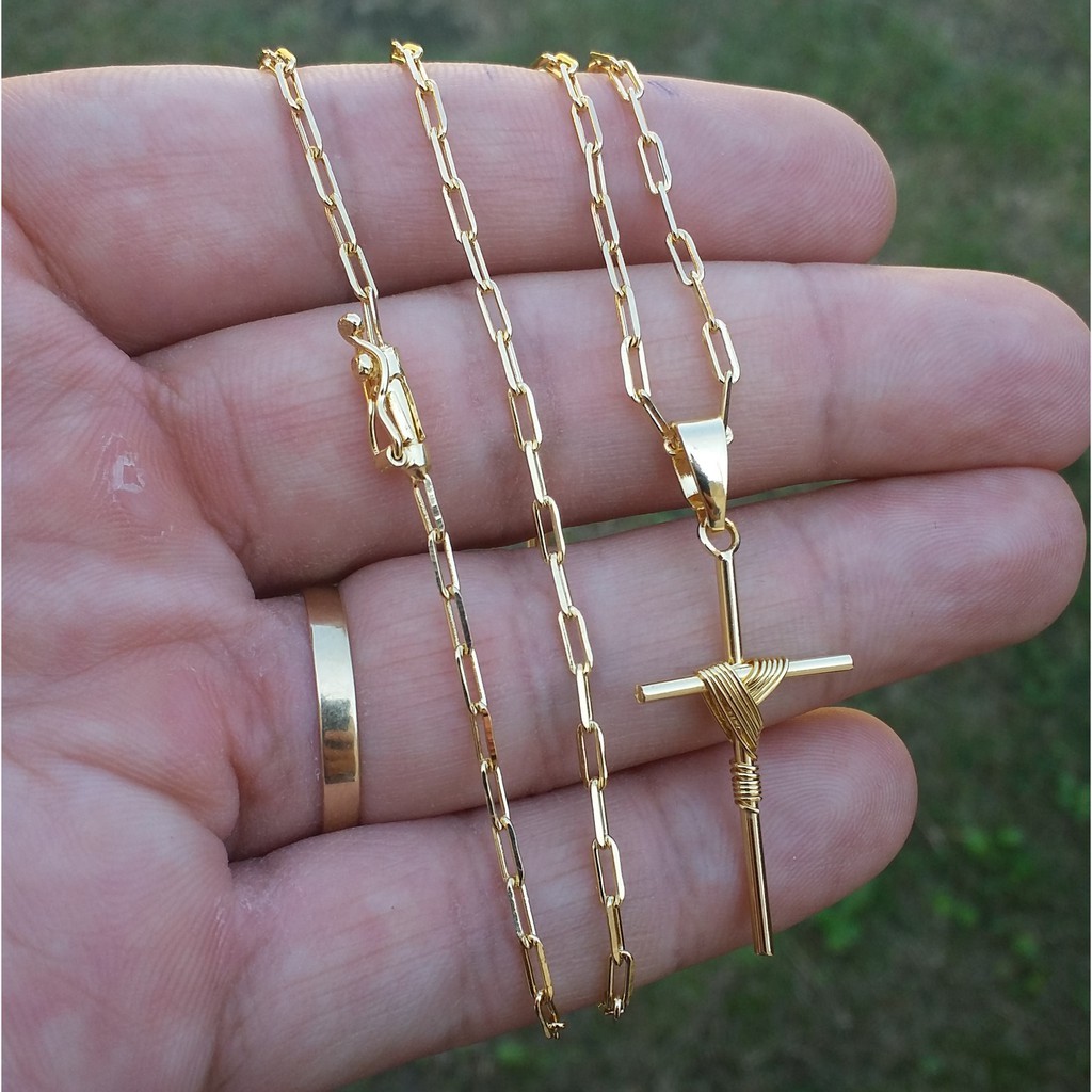 Corrente Colar Igual a ouro Elo Longo 70cm E Cruz Banhados A Ouro 18k 2,5 mm Masculina
