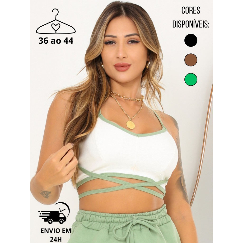 Cropt Top Feminino de Alça Ribana Canelado Algodão com Tiras Cruzar Tecido Duplo/Moda Blogueira/Verão/Dia a Dia