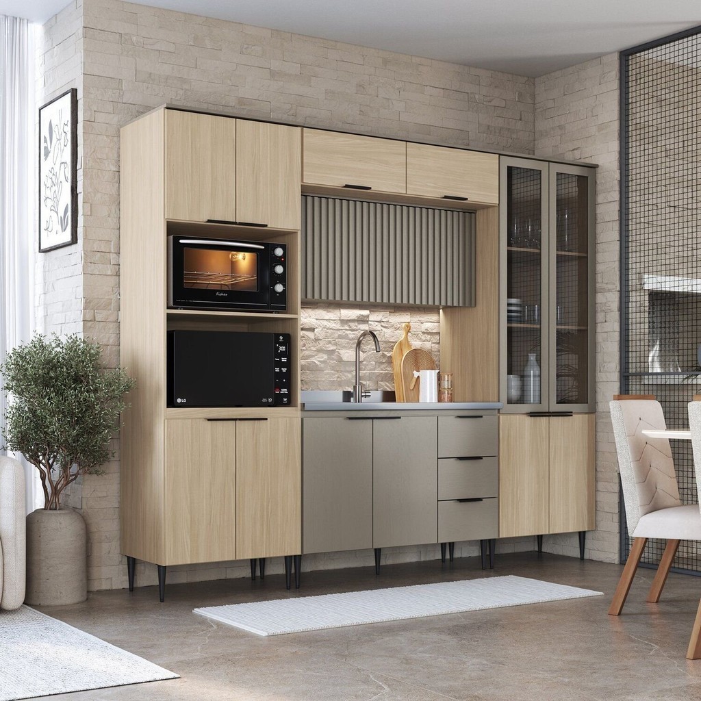 Cozinha Completa Modulada 5 Peças com Porta Ripada e Cristaleira Lavínia