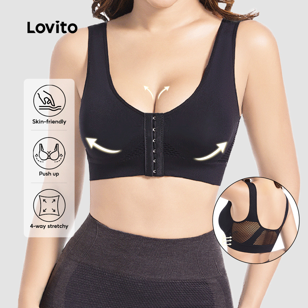 Lovito Sutiã esportivo Push Up com zíper fitness academia treino à prova de choque mulheres LNE116X005 em Oferta na Shopee