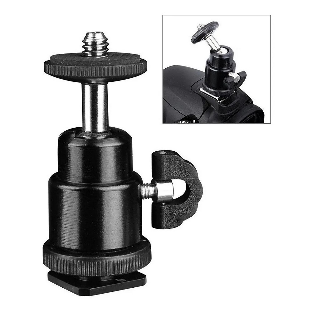 Mini Ball Head Suporte Cabeça Tripé, Monopé, Ring Light, Celular, Led, Flash Etc Até 2KG Com Sapata