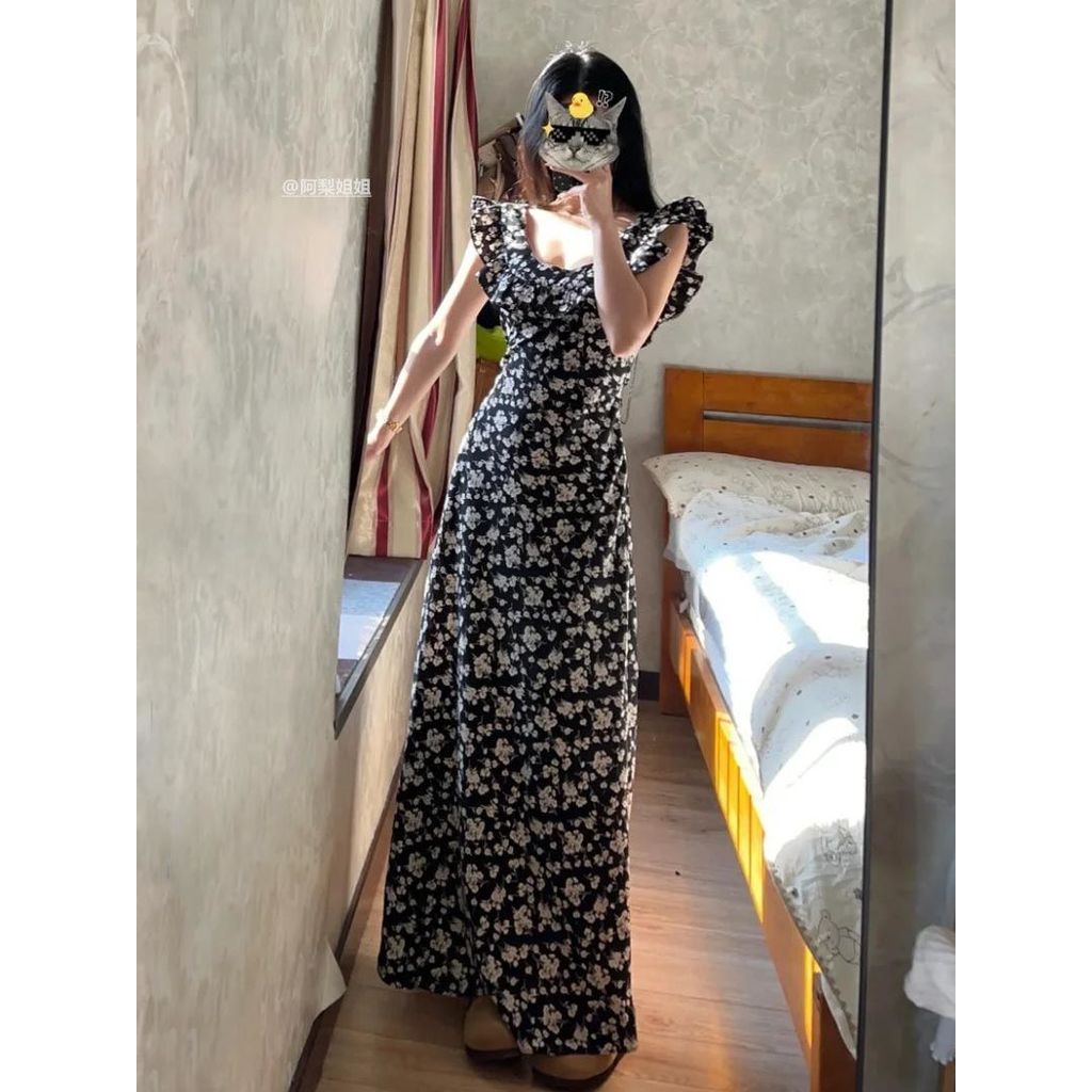 120-130cm Sobre vestido elástico de manga curta doce Slim Fit Floral preto branco chá Break versão Extra longa elegante