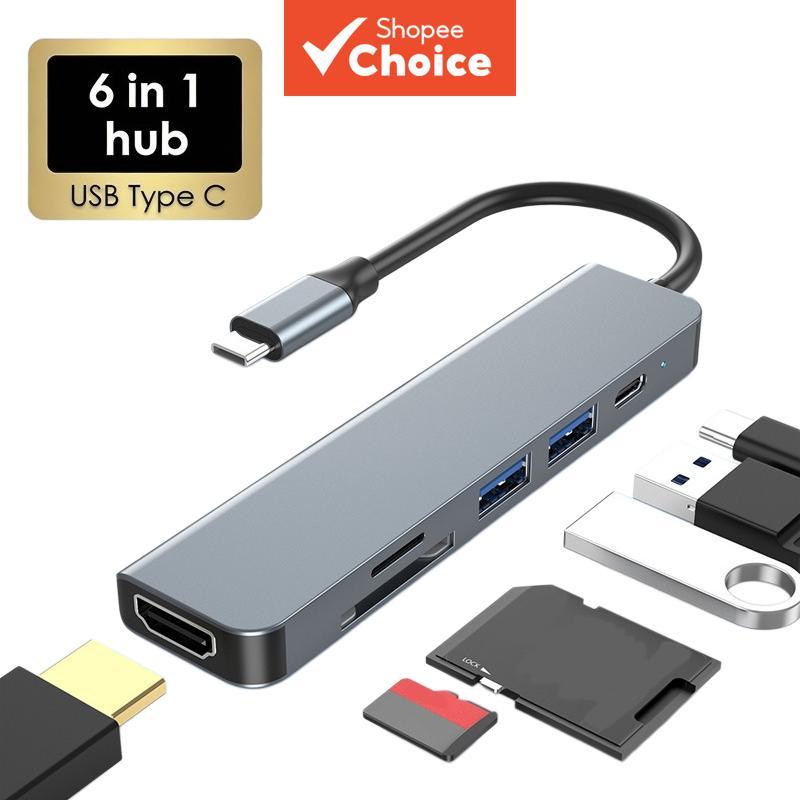 Hub USB C 6 em 1 Multiportas Adaptador Conversor Tipo C com HDMI PD Porta de carregamento USB SD TF leitor de cartão