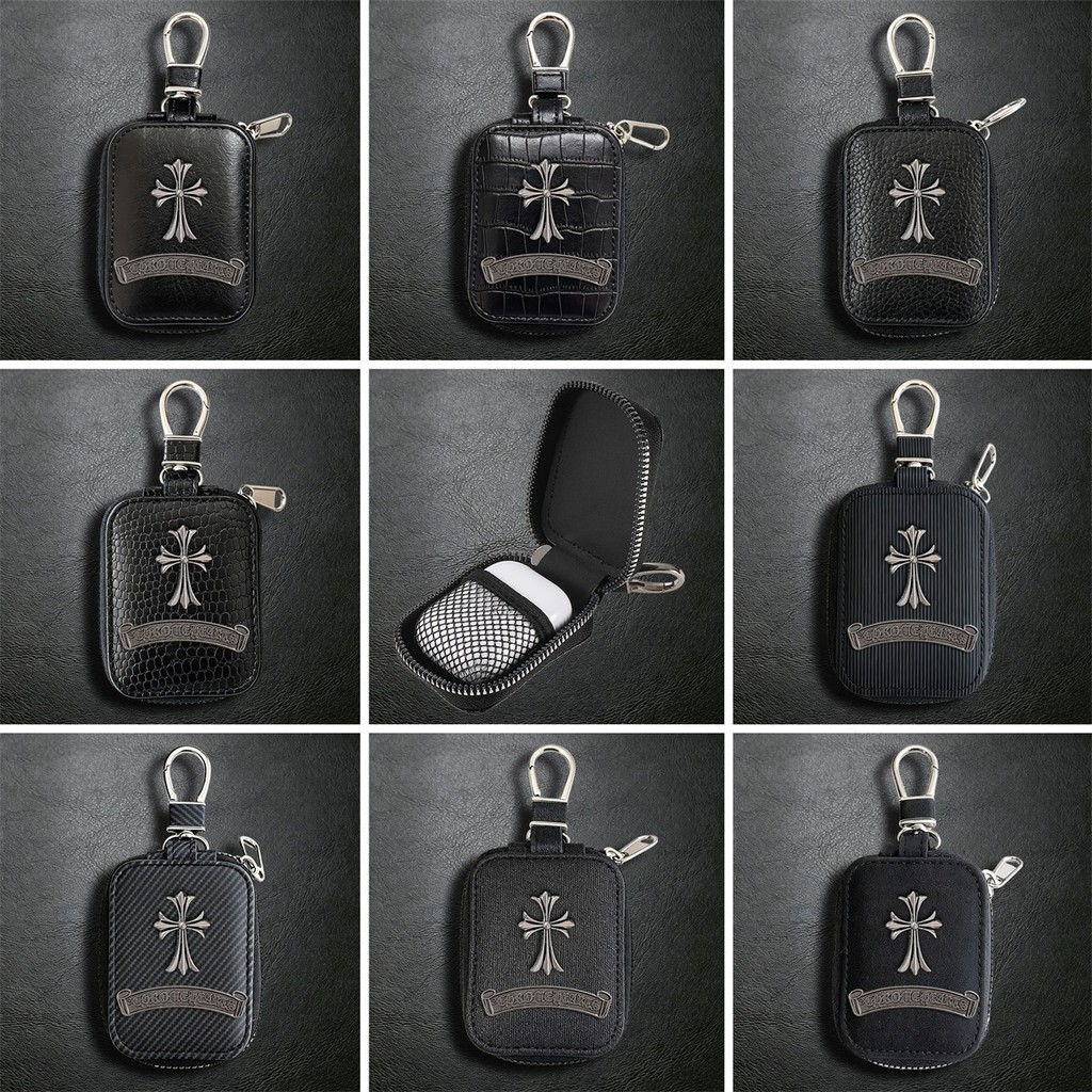 Capa universal em couro com cruz metálica para AirPods Pro 1/2/3/4, fone Bluetooth ANC sem fio, porta-chaves e moedas