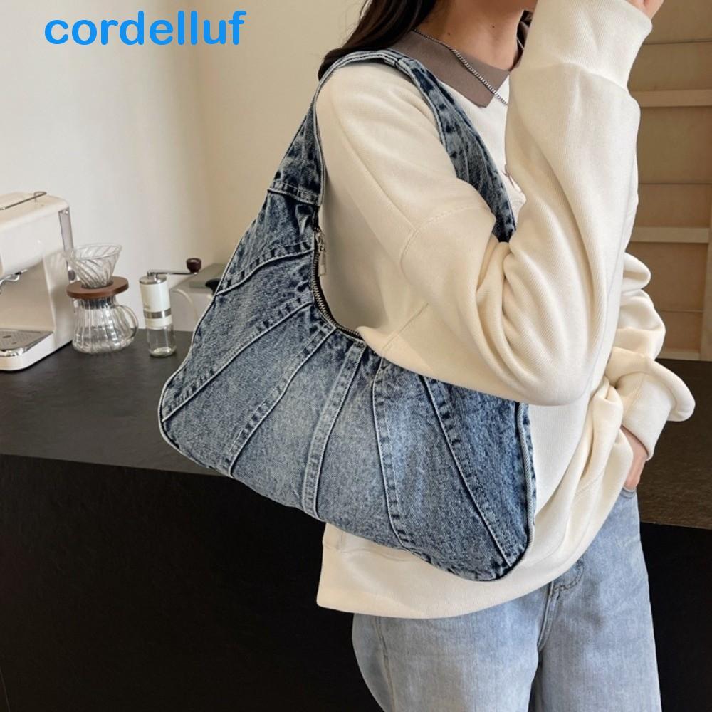 Bolsa CORDELLUF , De Ombro Jeans Lavada Com Zíper Liso De Grande Capacidade , Sacola De Tecido Patchwork