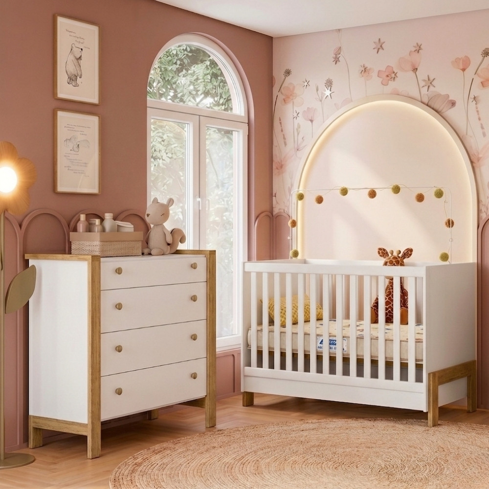 Quarto de bebê Berço Minicama Cômoda 4 Gavetas Nina Qmovi com Colchão Gazin