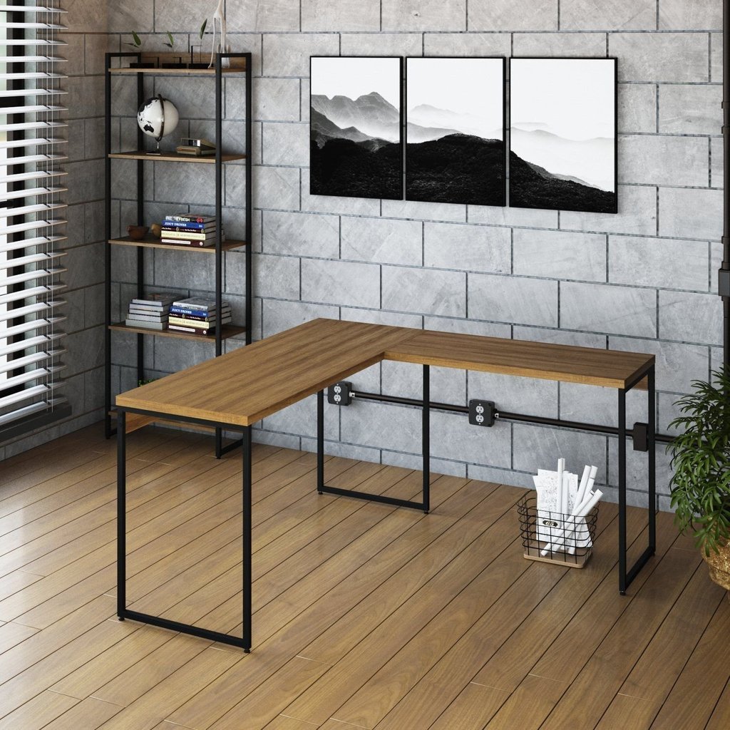 Escrivaninha Mesa Escritório L Estilo Dynamica 140cm Industrial Yescasa Lamina Mel E Preto Lamina Mel / Preto