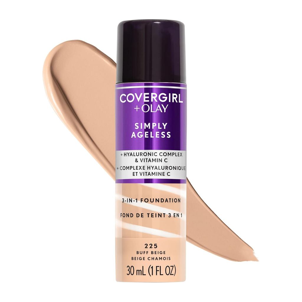 COVERGIRL&Olay Simply Ageless Base Líquida 3 em 1, Acabamento Matte, Fórmula com Ácido Hialurônico e Vitamina C, 225 Beg