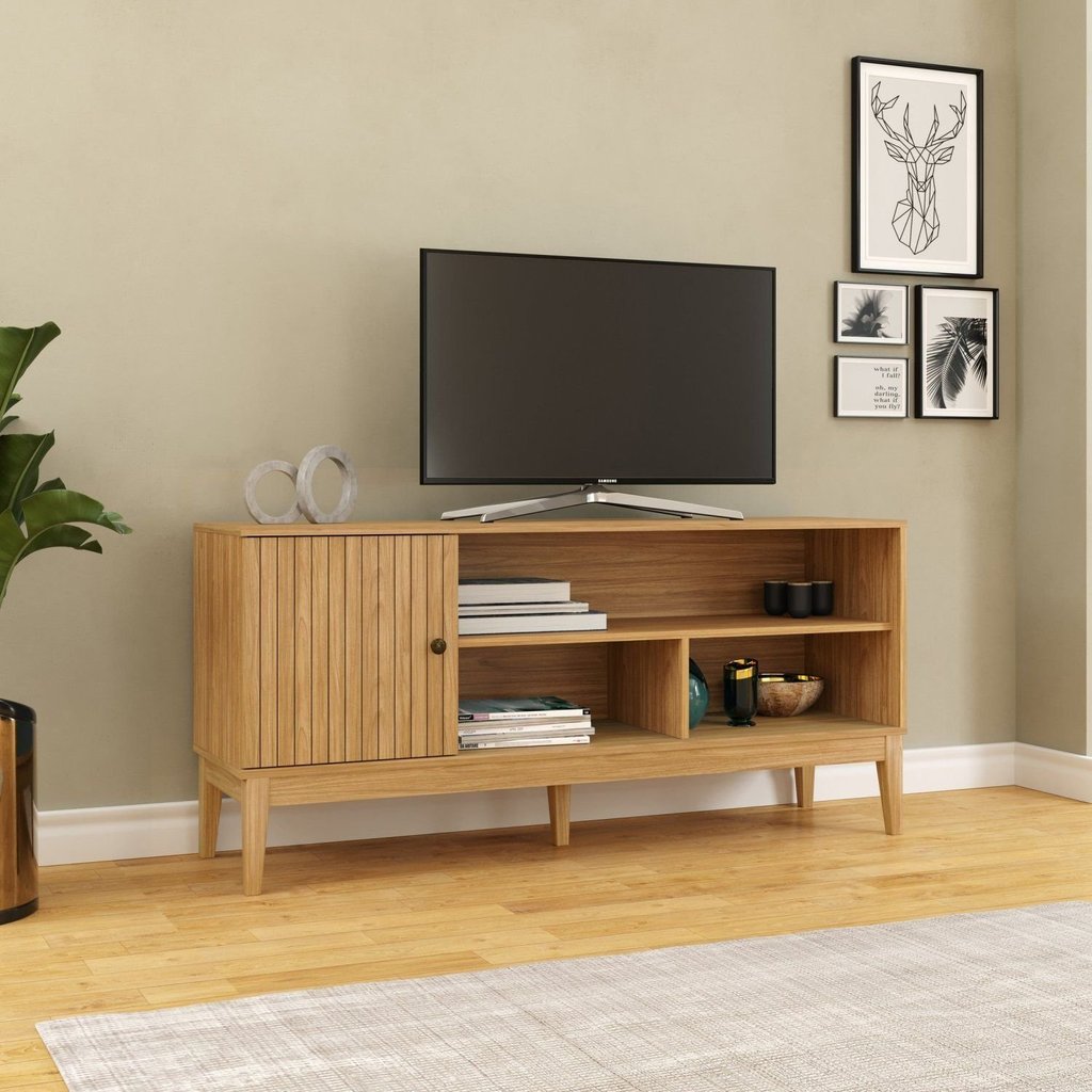 Rack para TV até 50 Polegadas 136cm Pés em Madeira Maciça 1 Porta Linha Riscado Marrom Mel/Mel