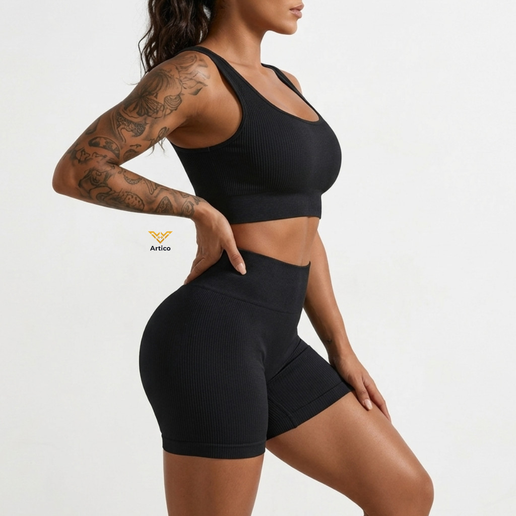 Conjunto canelado Fitness Canelado Premium Short Zero Transparência Top Com Bojo (Removível) Costas Nadador Academia