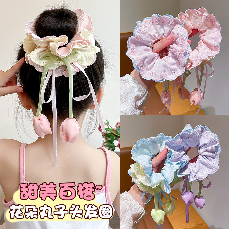 Crianças tulipa Scrunchy anel de cabelo flor Streamer cabeça corda meninas gravata rabo de cavalo bola corda de cabelo a